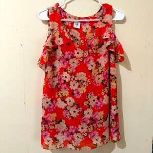 Cabi Medium Lush Orange Pink Floral Flowy Cold Shoulder Blouse